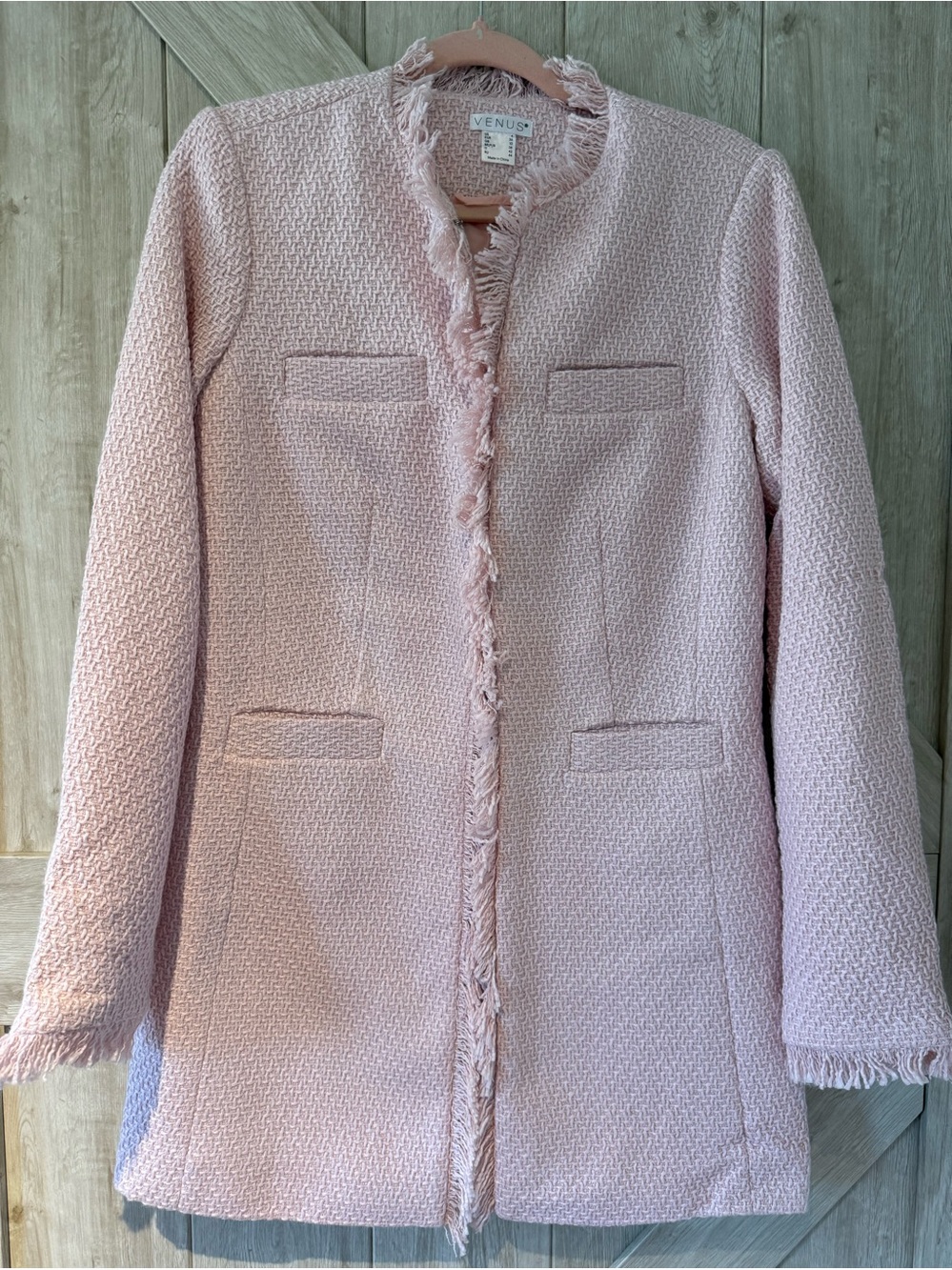 VENUS Blush Pink Tweed Fringe-Trim Long Blazer Perfect for Fall - Picture 2 of 11